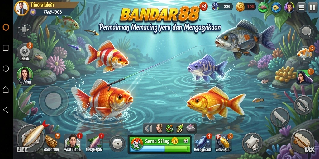 Tampilan gameplay BANDAR88 menampilkan keseruan memancing yang menantang di lautan.
