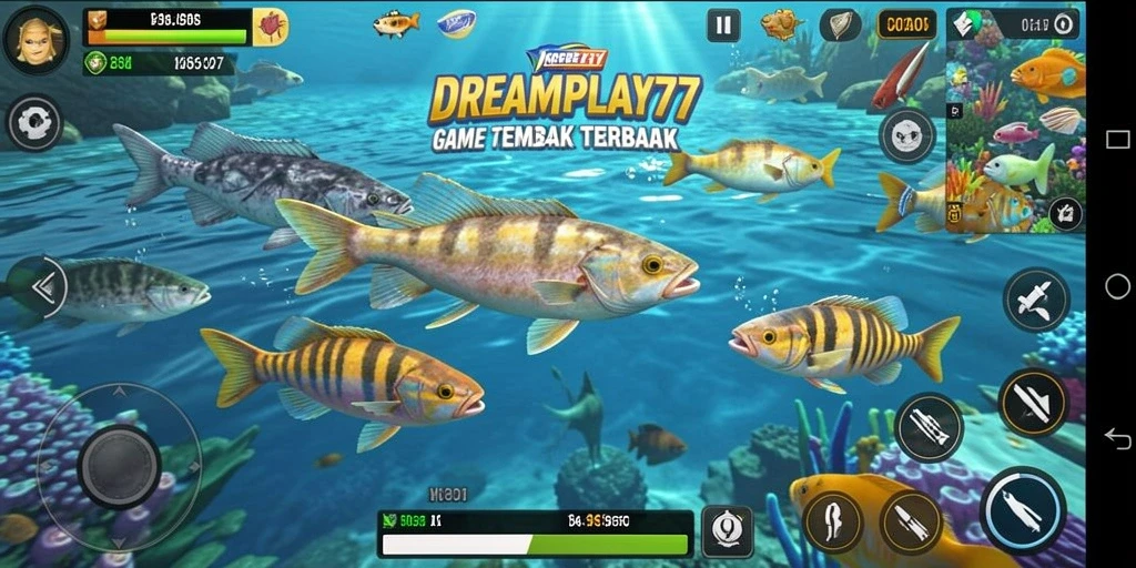 Tampilan gameplay seru dalam DREAMPLAY77 saat menangkap ikan.