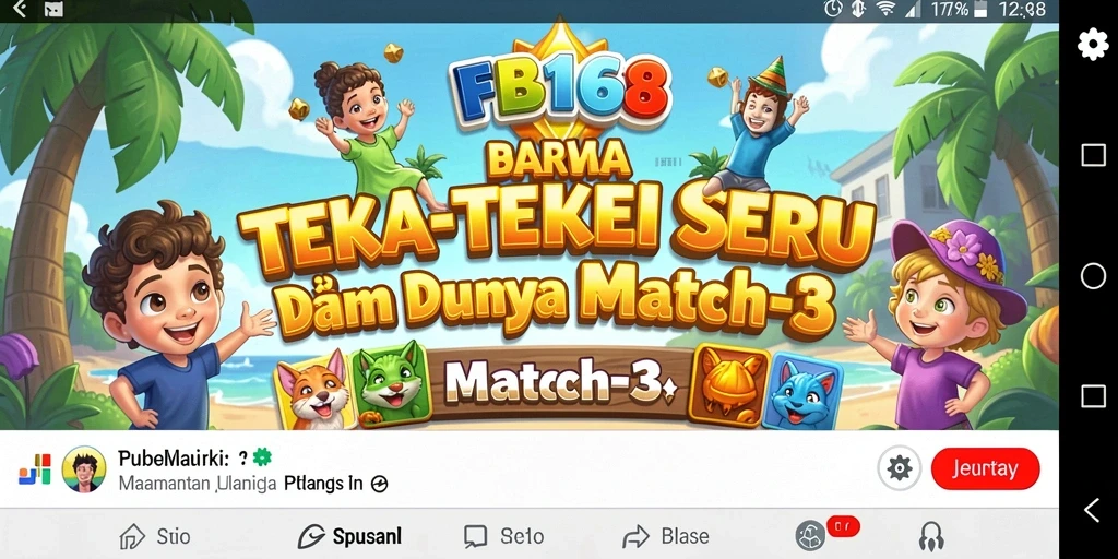 Screenshot gameplay FB168 menunjukkan kombinasi warna cerah dalam level Match-3.