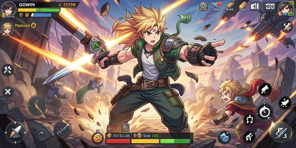 Tangkapan layar dari gameplay GOWIN yang menampilkan karakter anime yang dinamis.