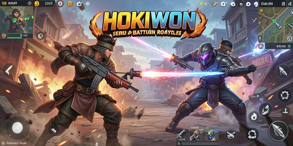 Tangkapan layar HOKIWON menampilkan aksi seru dalam gameplay Battle Royale.