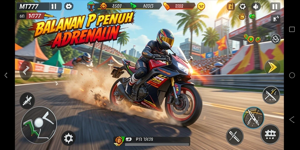 Screenshot menunjukkan gameplay seru dalam balapan motor.