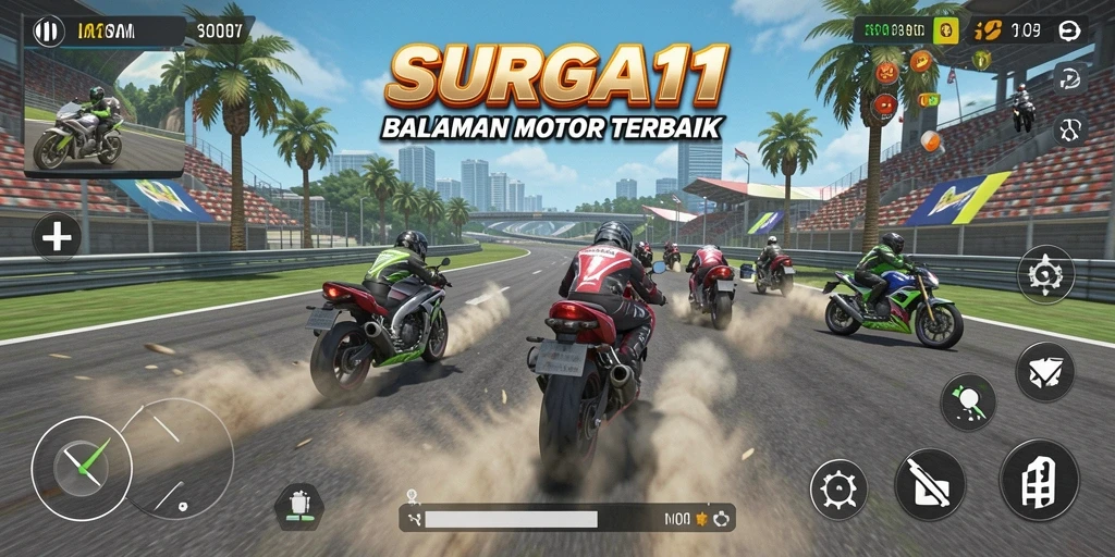 Tampilan gameplay SURGA11 yang mendebarkan dalam perlombaan motor.