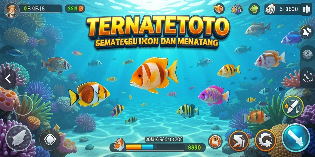Screenshot gameplay menunjukkan aksi menembak ikan di laut yang penuh warna.